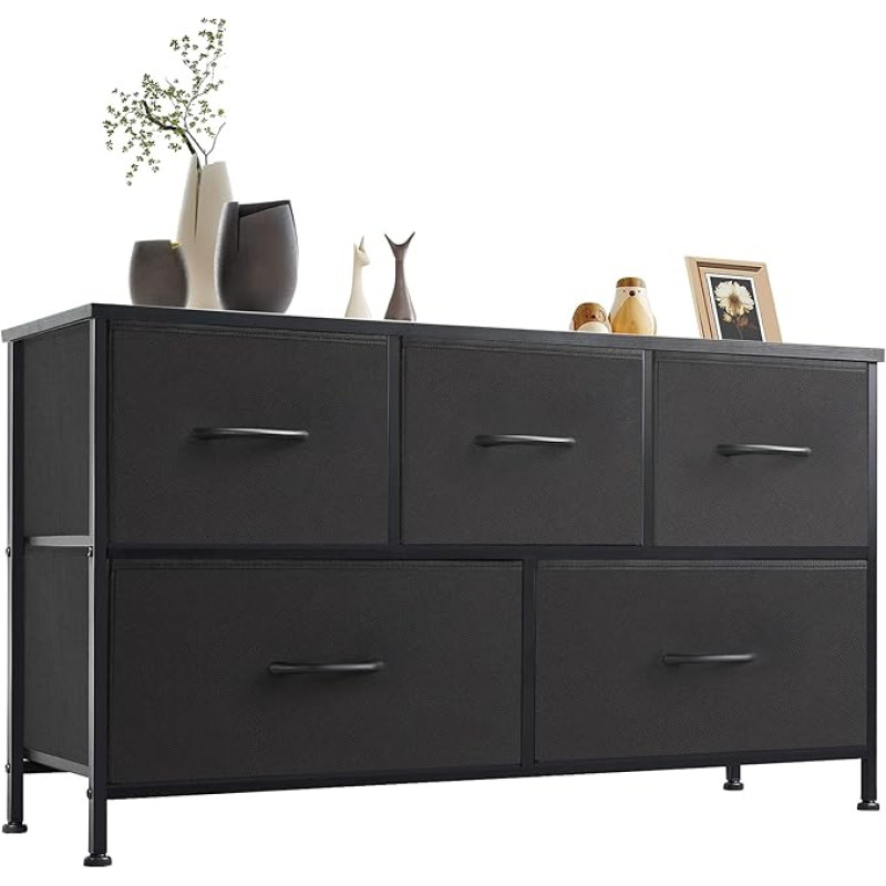 Sweetcrispy Chest of Drawers, Sideboard Living Room for Bedroom with 5 Fabric Drawers, Adjustable Feet, Drawer Cabinet, Black