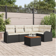 Rantry 6-teiliges Garten Sofa Set mit Kissen Schwarz Poly Rattan Akazie, 2-Sitzer Garten Sofa mit Stauraum & Kissen Schwarz Poly Rattan Gartenlounge Model3356248