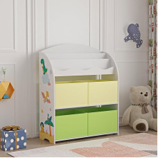 [en.casa] Orust Children's Bookcase with Dinosaur Motif, Toy Storage, 97.5 x 82.5 x 29.5 cm, Children's Room Shelf with 4 Storage Boxes, White/Green/Yellow