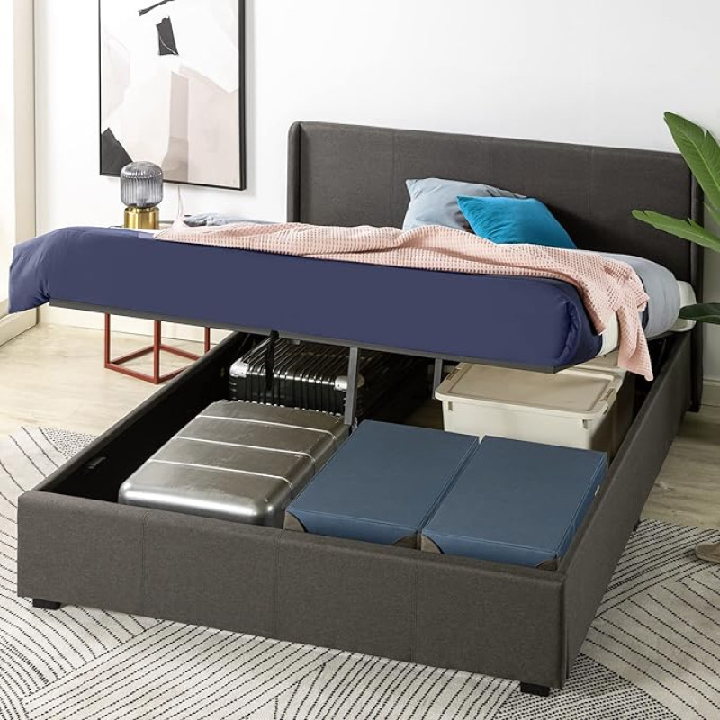 Zinus Maddon Upholstered Bed with Storage 31 cm Hydraulic Lift System Under Boot Wooden Slatted Base 160 x 200 cm Dark Grey