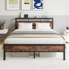 JELUTE King Bed Frame with Wooden Storage Shelf Headboard, Metal Platform Bed Frame, No Box Spring Needed, Noise Free, Reinforced Strong Support Leg, Black