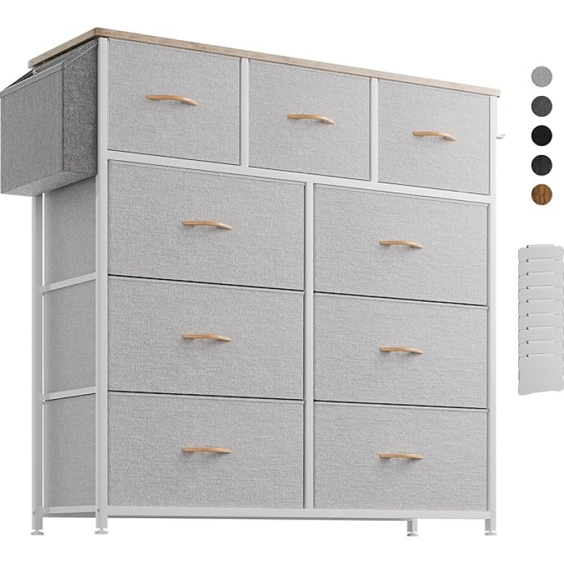 PURFINO Chest of Drawers with Fabric Drawers - Canvas Fabric Chest of Drawers with 9 Large Drawers, Label Cards, Side Pocket & Hooks for Living Room, Hallway, Bedroom