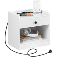 HOOBRO Bedside Table with Charging Station, Side Table with Drawer and Open Compartments, USB Ports and Sockets, Storage Shelf, Side Table for Bedroom, Living Room, White EWT282BZ01