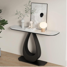 Modern Entrance Table with Marble Top and Sturdy Metal Base, Stylish Console, Sofa Table for Foyer, Living Room, Hallway and Corridor, Black A 80 cm