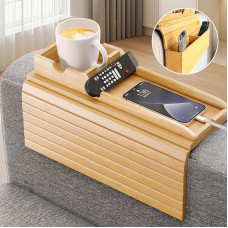 Bamboo Couch Arm Tray, Drink Holder with Side Storage Bag and Phone Holder, Non-Slip Sofa Armrest Tray for Drinks, Mobile Phone, Remote Control, Snacks, Multifunctional