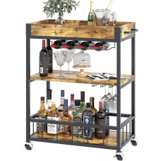 Bar Trolley 3 Tier Serving Trolley Wine Trolley Serving Trolley with Wine Rack and Handle Kitchen Storage Trolley with Wheels Tea Drink Trolley for Dining Room Living Room Bedroom Outdoor Brown