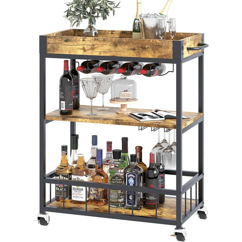 Bar Trolley 3 Tier Serving Trolley Wine Trolley Serving Trolley with Wine Rack and Handle Kitchen Storage Trolley with Wheels Tea Drink Trolley for Dining Room Living Room Bedroom Outdoor Brown