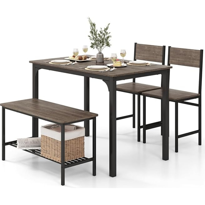 HOMASIS 4-Piece Dining Table Set with 2 Chairs & 1 Bench, Industrial Dining Set with Backrests & Storage Shelf, Wooden Dining Set & Metal Frame, Bar Table for Kitchen Dining Room (Grey)
