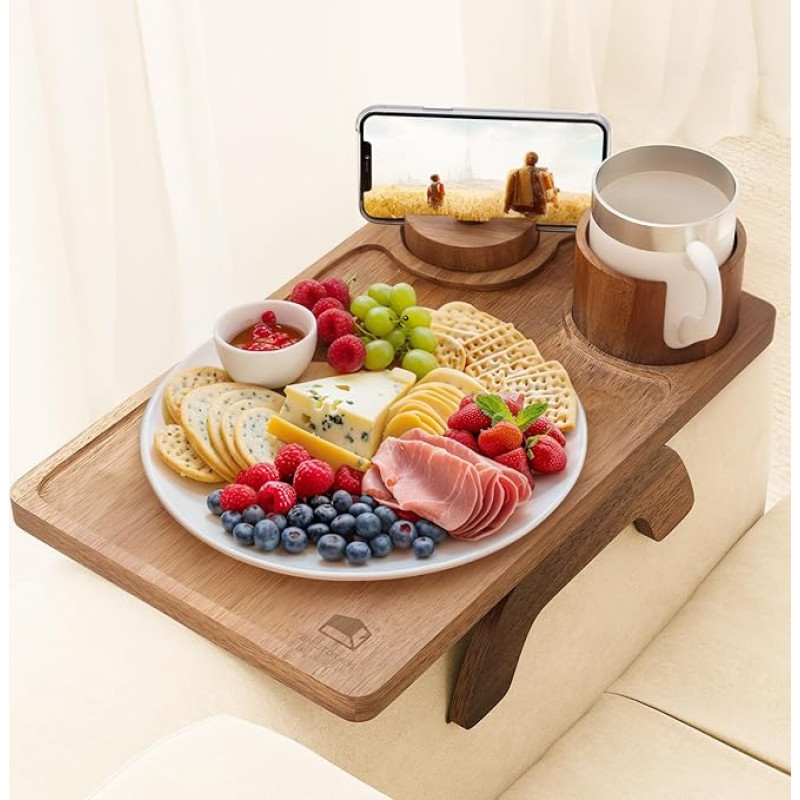 Coffee Arm Table, 3 in 1 Wooden Sofa Arm Tray, Sturdy Sofa Arm Table with 360° Rotating Phone Holder and Cup Holder, Foldable Non-Slip for Food/Snacks/Remote/Drinks