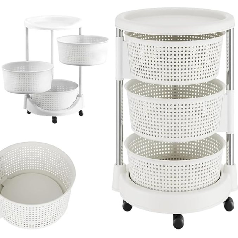 BAKAJI Kitchen Trolley with Hinged Baskets, Space Saving with 4 Swivel Wheels, Steel Frame and Plastic Baskets, Ideal for Kitchen, Bathroom, (3 Tiers)
