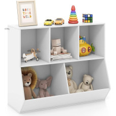 COSTWAY Children's Wooden Bookcase with 5 Cube Compartments & Tilt Protection, 2-Tier Toy Shelf, Storage Cabinet for Children's Room, Playroom & Bedroom (White)
