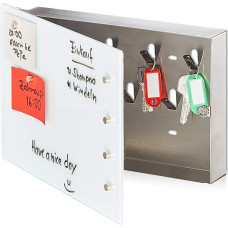 Relaxdays Key Cabinet with Glass Magnetic Board, 20 x 30 cm, 7 Hooks, 6 Magnets, Writeable, White / Silver