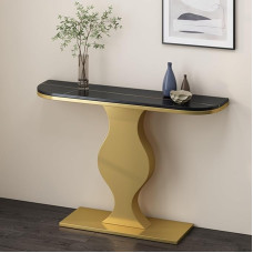 Modern Marble Entrance Table Narrow Sofa Table with Storage Compartment and Metal Frame Stylish Console for Hallway, Foyer and Living Room, Gold and Black, 160cm