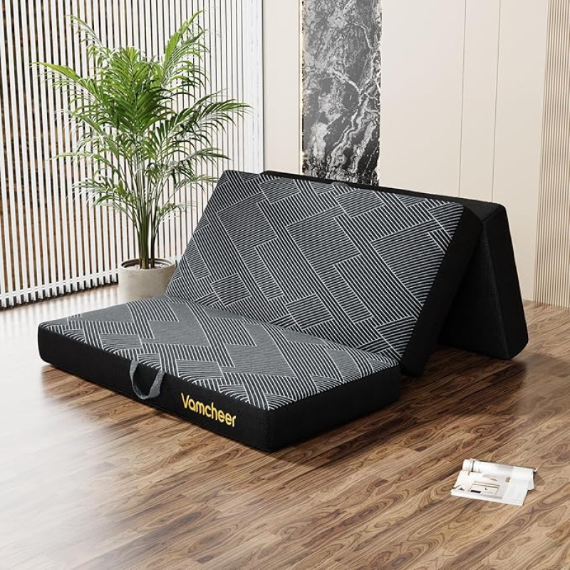 Vamcheer Folding Mattress Guest Mattress Extra Thick - 15 cm 3-Piece Gel Foam Guest Mattress Foldable for Travel Bed Adults Camping Floor Guest Bed Folding Mattress (Grey, 90 x 200 x 15 cm)