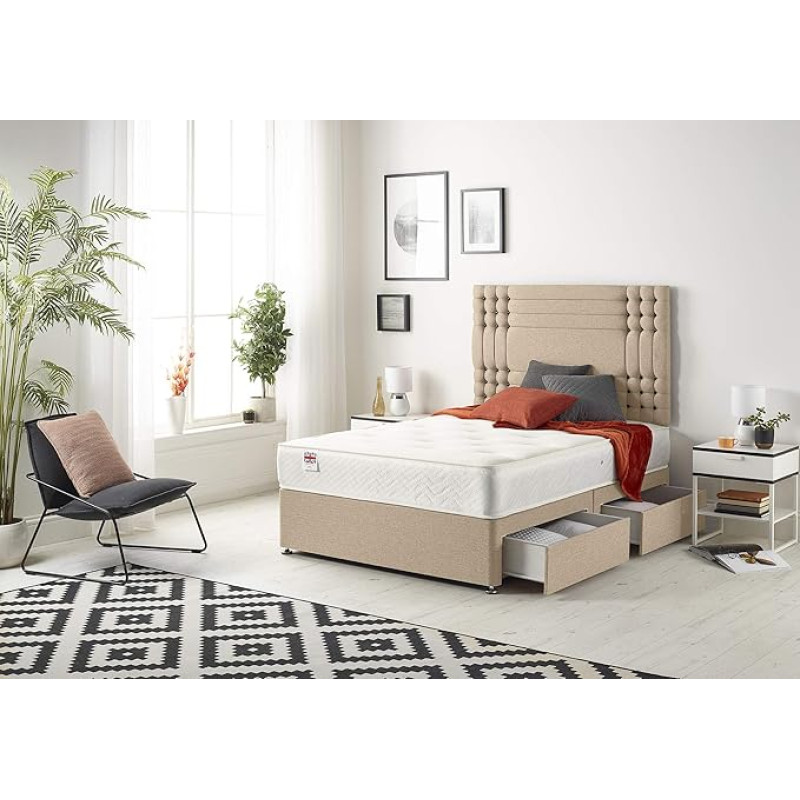Bed Centre Flexby Divan Bed Set with Memory Foam Sprung Mattress, 2 Drawers with Headboard Available in Various Fabrics and Colours, 90, 122, 152, 152 and 180 cm (140 cm)
