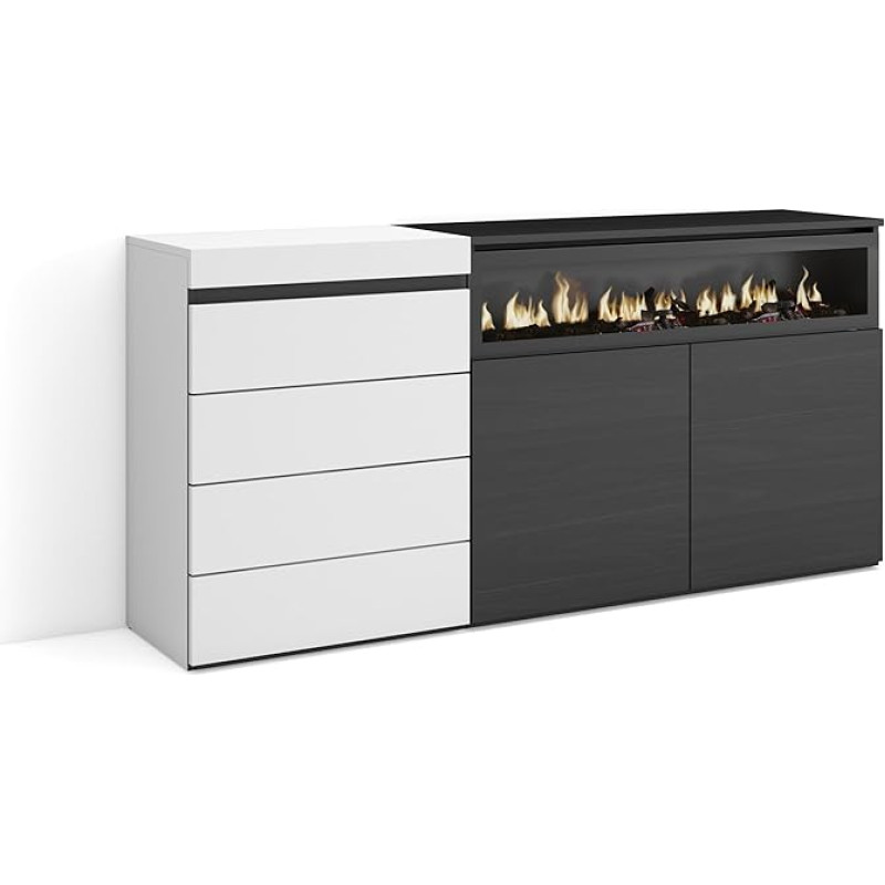 Skraut Home Chest of Drawers with Drawers Storage Cabinet 157 x 75 x 35 cm for Bedroom Room Electric Fireplace Modern Style White and Black