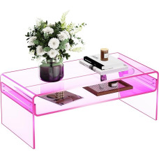 solaround Acrylic Coffee Table for Living Room, Living Room Table, Side Table, Transparent, Lucite Table with Open Storage Shelf (Pink)