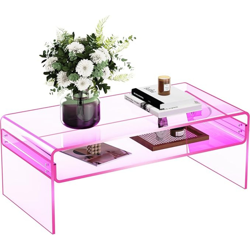 solaround Acrylic Coffee Table for Living Room, Living Room Table, Side Table, Transparent, Lucite Table with Open Storage Shelf (Pink)