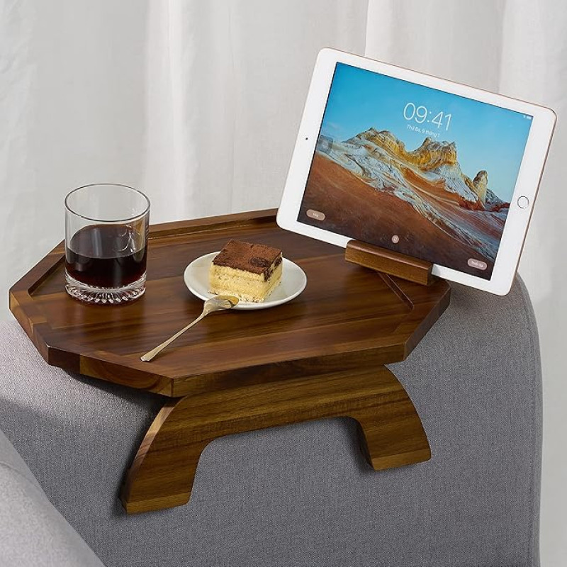 Sofa Armrest Tray, Arm Table Sofa Armrest Tray Clip On Tray Table Sofa Tray Table for Couch Foldable Snack Table with 360° Rotating Phone Holder, Non-Slip/Flexible with Various