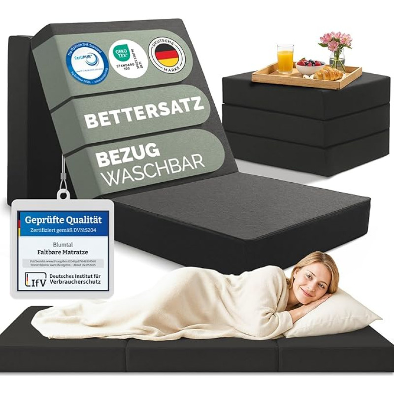 Blumtal Folding Mattress 90 x 200 cm - 3-Piece Guest Mattress Foldable Extra Thick (14 cm) - Back-Friendly Folding Mattress 90 x 200 cm Foam - Sleeping Mattress + Cover in Anthracite Skin-Friendly