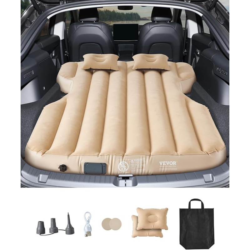 VEVOR Car Air Mattress Fits Tesla Model Y (2020-2024), Inflatable Camping Mattress, Flocked & Thickened Travel Beds, Portable Sleeping Mat with Built-in Pump & 2 Pillows, Beige