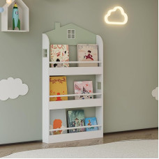 [en.casa] Vipsali Children's Bookcase in House Look with 3 Open Compartments Toy Storage Standing Shelf 106 x 60 x 12 cm Mint Green / White