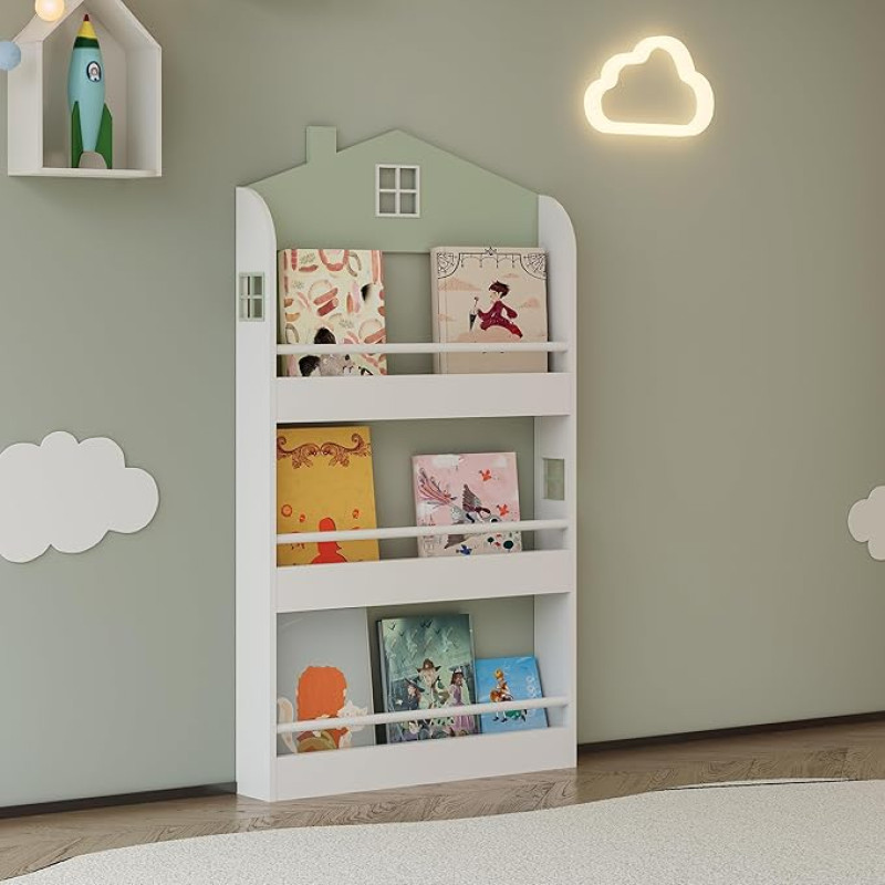 [en.casa] Vipsali Children's Bookcase in House Look with 3 Open Compartments Toy Storage Standing Shelf 106 x 60 x 12 cm Mint Green / White