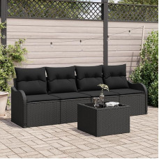 Rantry 5-teiliges Garten-Sofa-Set mit Kissen Schwarz Poly Rattan, 2-Sitzer Garten-Sofa mit Stauraum & Kissen Schwarz Poly Rattan Gartenlounge Model3354242