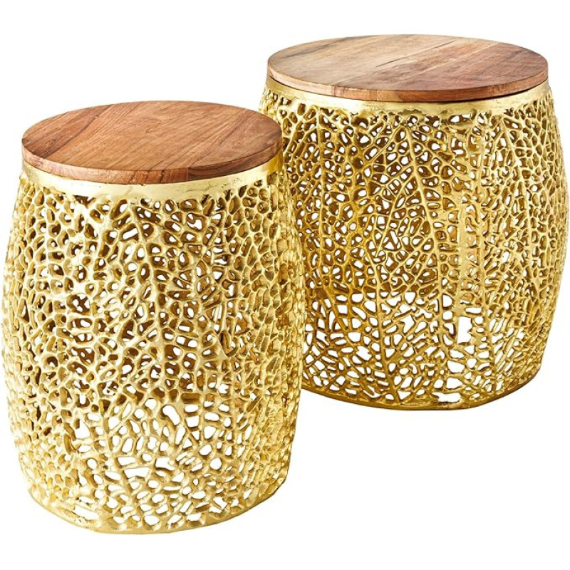 riess-ambiente.de Set of 2 Filigree Design Coffee Table Leaf Gold Acacia Wood Handmade Side Table Living Room