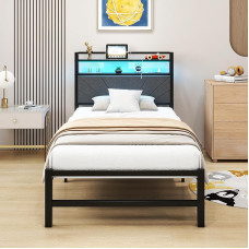 VERFARM Upholstered Bed, 90 x 200 cm, Metal Bed, Single Bed, Bed Frame with LED and Charging Station, Bed Frame with Storage Space, Youth Bed, Guest Bed, Bed Frame with Headboard, Dark Grey