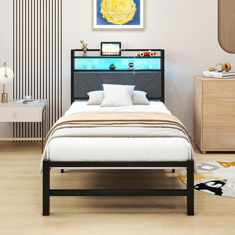 VERFARM Upholstered Bed, 90 x 200 cm, Metal Bed, Single Bed, Bed Frame with LED and Charging Station, Bed Frame with Storage Space, Youth Bed, Guest Bed, Bed Frame with Headboard, Dark Grey