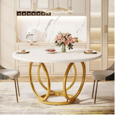 Tribesigns Round Dining Table for 4, White Kitchen Table with Gold Metal Base, Wooden Dining Table, Coffee Table for Kitchen, Dining Room, Cafe (120 x 120 cm, White and Gold)