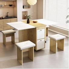 KecDuey Dining Table Set, Dining Set (1 Dining Table, 4 Chairs), Folding Table on Wheels, 120 x 80 x 75 cm, Multifunctional Extendable Dining Table, 4 Stools for Kitchen, Dining Room (White + Oak)