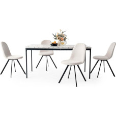 FurnitureR Dining Table Set, Marble Pattern Kitchen Table and 4 Swivel Beige Chairs, Kitchen Table for Dining Room, Living Room, 150 x 75 x 75 cm, White Desk & Black Legs + Swivel Chairs