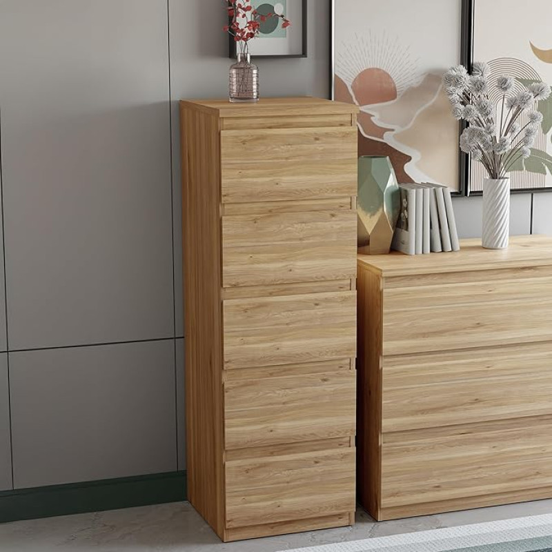 FORTE EDMORE Tall Chest of Drawers 40 45 with 5 Drawers, Mauvella Oak Decor, 41.8 cm Wide x 128 cm High x 42.2 cm Deep