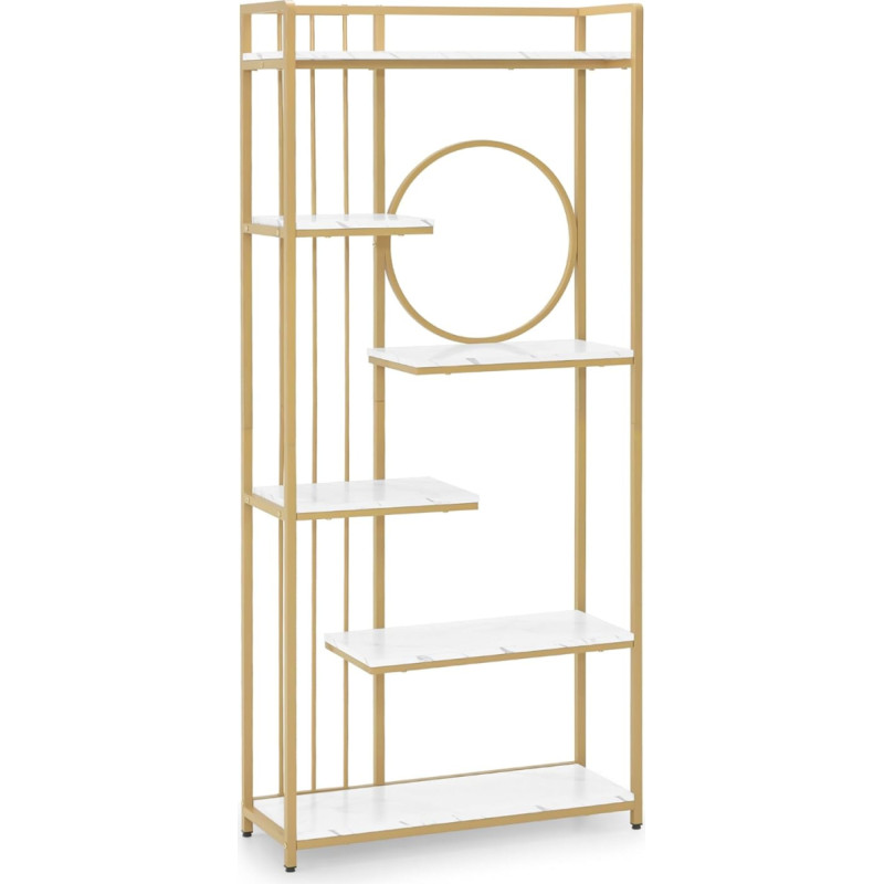 Barberpub Gold Bookcase, Standing Shelf with 6 Levels, Office Shelf with Metal Frame, Shelf for Office, Living Room, Bedroom, Kitchen, Nail Salon, Marble White, 30 x 80 x 180 cm, 5180