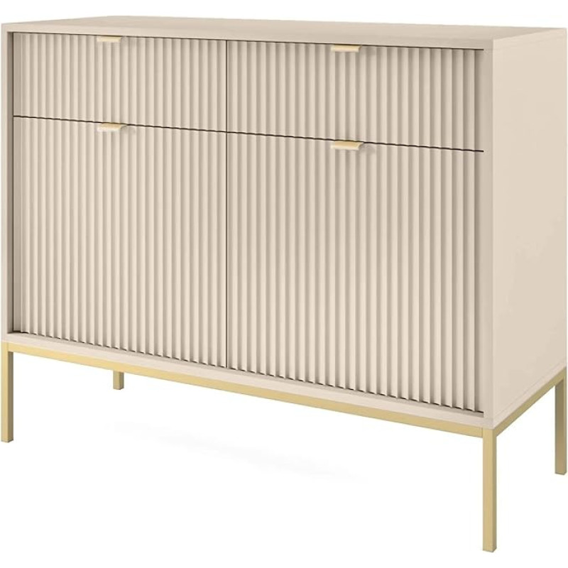 Selsey Vellore Sideboard 2 Door with 2 Drawers, Beige with Ribbed Fronts and Gold Metal Legs, 104 cm