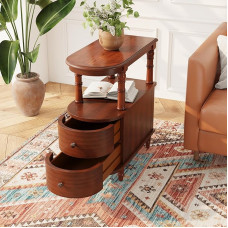 Wooden Side Table with 2 Drawers and Shelf, Slim Sofa Side Table for Living Room, Vintage Slim Bedside Table for Bedroom, Slim Chair Side Table, Cherry Wood MG