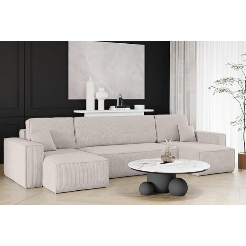 Kaiser Möbel, Corner Sofa with Sleep Function, with Bed Box, Sofa Bed Best, Designer U-Shape Sofa, Modern Design Couch, Upholstered Corner, Freestanding, Thick Corduroy, Beige