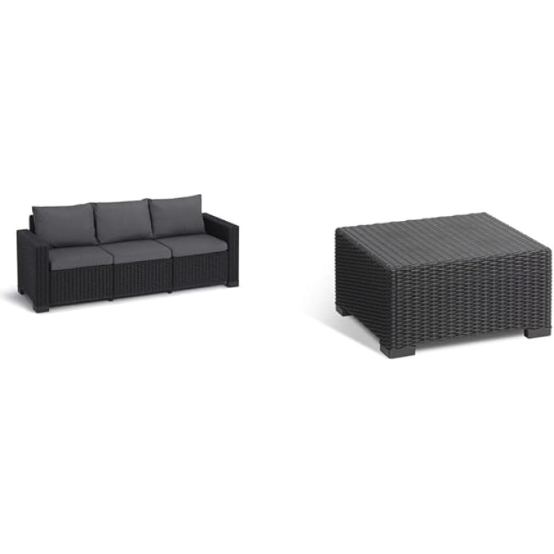 Keter Allibert by Garden Lounge Sofa California 3-Seater, Graphite/Cool Grey, 199 x 68 x 72 cm & Allibert by California Plastic Garden Table, Side Table for Garden, 68 x 68 x 35 cm