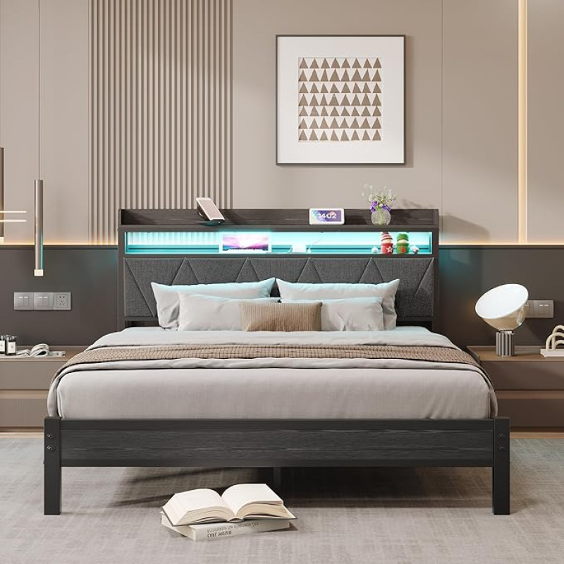 HAHRIR 140 x 200 cm Bed Frame with Padded Wooden Headboard with Two Shelves, Charging Station, LED Lights, Heavy Duty Metal Bed Frame, No Box Spring Required, Noise-Free, Black