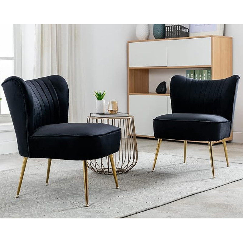 Janoray Velvet Chair, Set of 2, Comfortable Living Room Chair, Armless Slip-on Chair, Mid Century Single Sofa Chair with Gold Legs, Wing Back for Bedroom, Guest Room