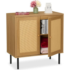 Relaxdays Chest of Drawers, 2 Doors, 2 Compartments, Rattan & Wood Look, 80 x 80 x 40 cm, Living Room, Kitchen, Sideboard, Natural/Black