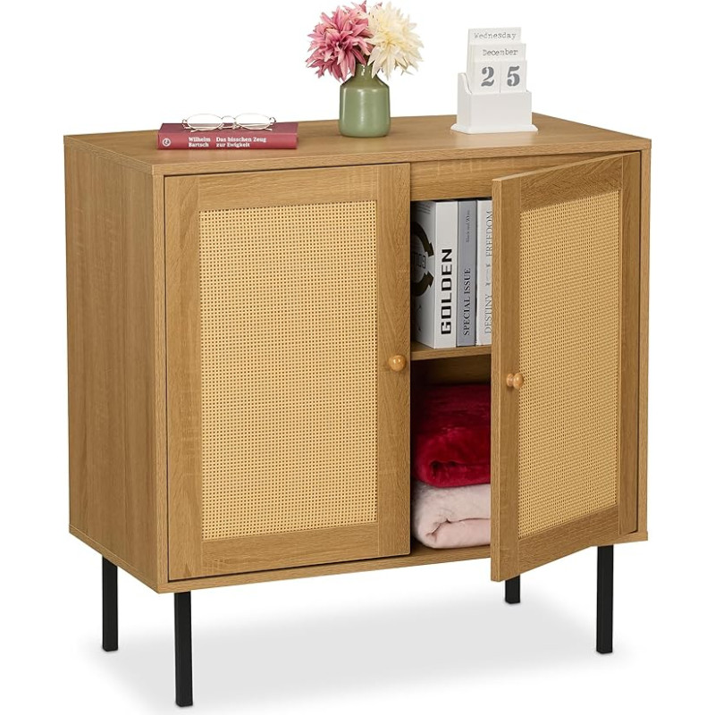 Relaxdays Chest of Drawers, 2 Doors, 2 Compartments, Rattan & Wood Look, 80 x 80 x 40 cm, Living Room, Kitchen, Sideboard, Natural/Black