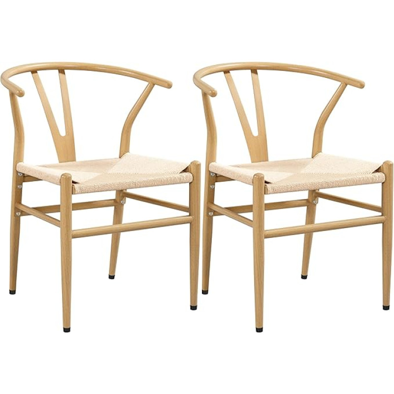 Yaheetech Set of 2 Medieval Dining Room Chairs, Y-Chair, Metal Frame, Rattan Armchair with Woven Seat, Armrest Chair, Wood Colour