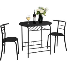VINGLI 3 Piece Dining Room Set, Small Kitchen Table Set for 2 People, Breakfast Table, Wooden Kitchen Table and 2 Chairs for Small Room/Dining Room/Apartment, Metal Frame, Wine Rack, Black