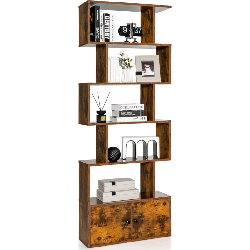 GIANTEX Bookcase 5 Levels with Cupboard, Freestanding Wooden Room Divider, Filing Shelf with Tilt Protection, Storage Shelf, 70 x 23 x 183 cm, Wooden Shelf for Living Room (Walnut)