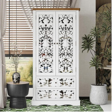 PREMTURE Bookcase, Tall Cabinet, Cupboard, Bookcase, Rococo Antique Style, Large Bookcase with 2 Drawers and 5 Shelves, Adjustable Dividers, White, 168 x 40 x 84 cm, HDF + MDF