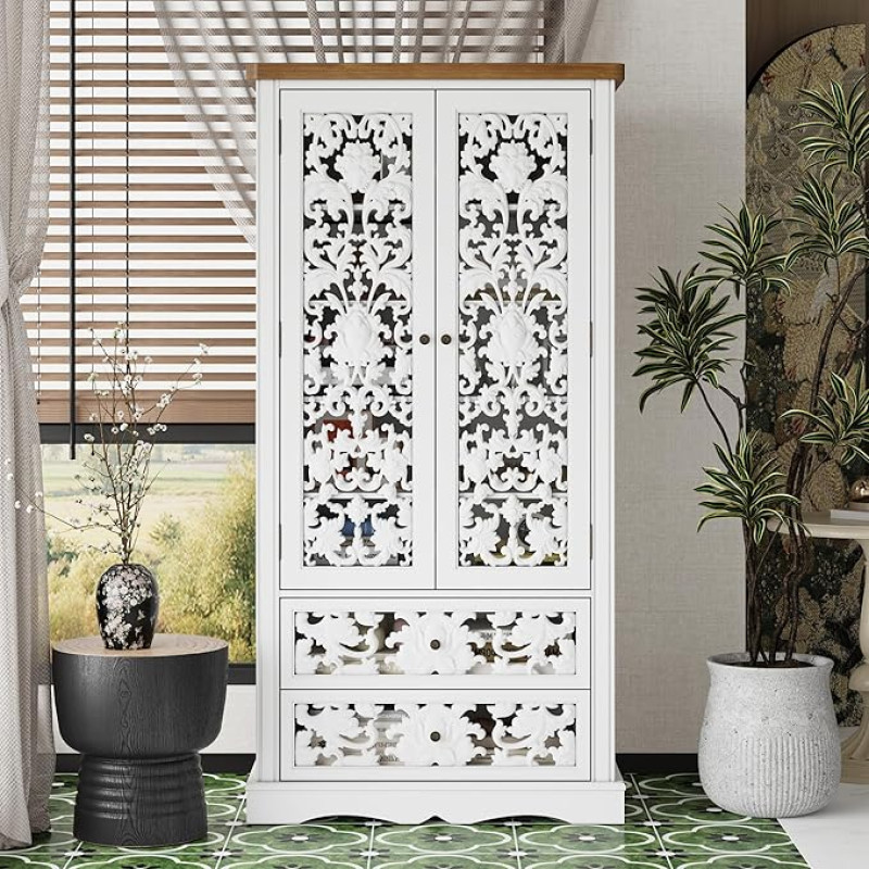 PREMTURE Bookcase, Tall Cabinet, Cupboard, Bookcase, Rococo Antique Style, Large Bookcase with 2 Drawers and 5 Shelves, Adjustable Dividers, White, 168 x 40 x 84 cm, HDF + MDF