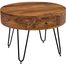 Wohnling Sheesham Coffee Table Solid Wood/Metal 60 x 44.5 x 60 cm Living Room Table Design Side Table with Drawers Small Living Room Table Round Brown